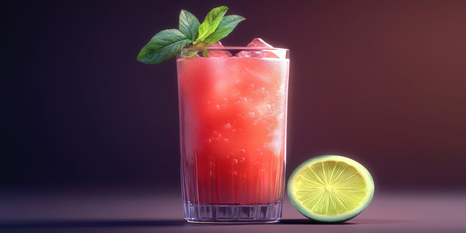 Refreshing summer drink with mint and lime garnishing in a glass on a colorful background